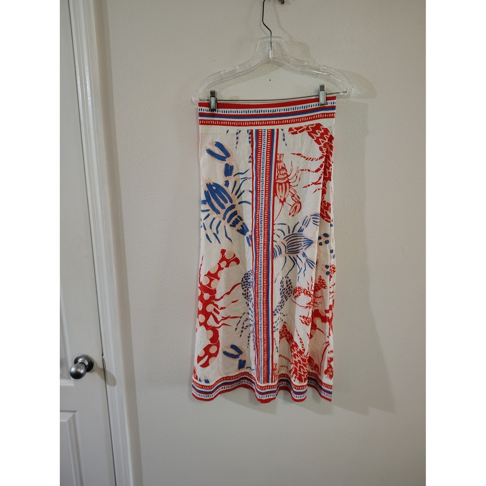 Rachel Zoe Lobster Print Midi Skirt Red Blue White Coastal Nautical Small